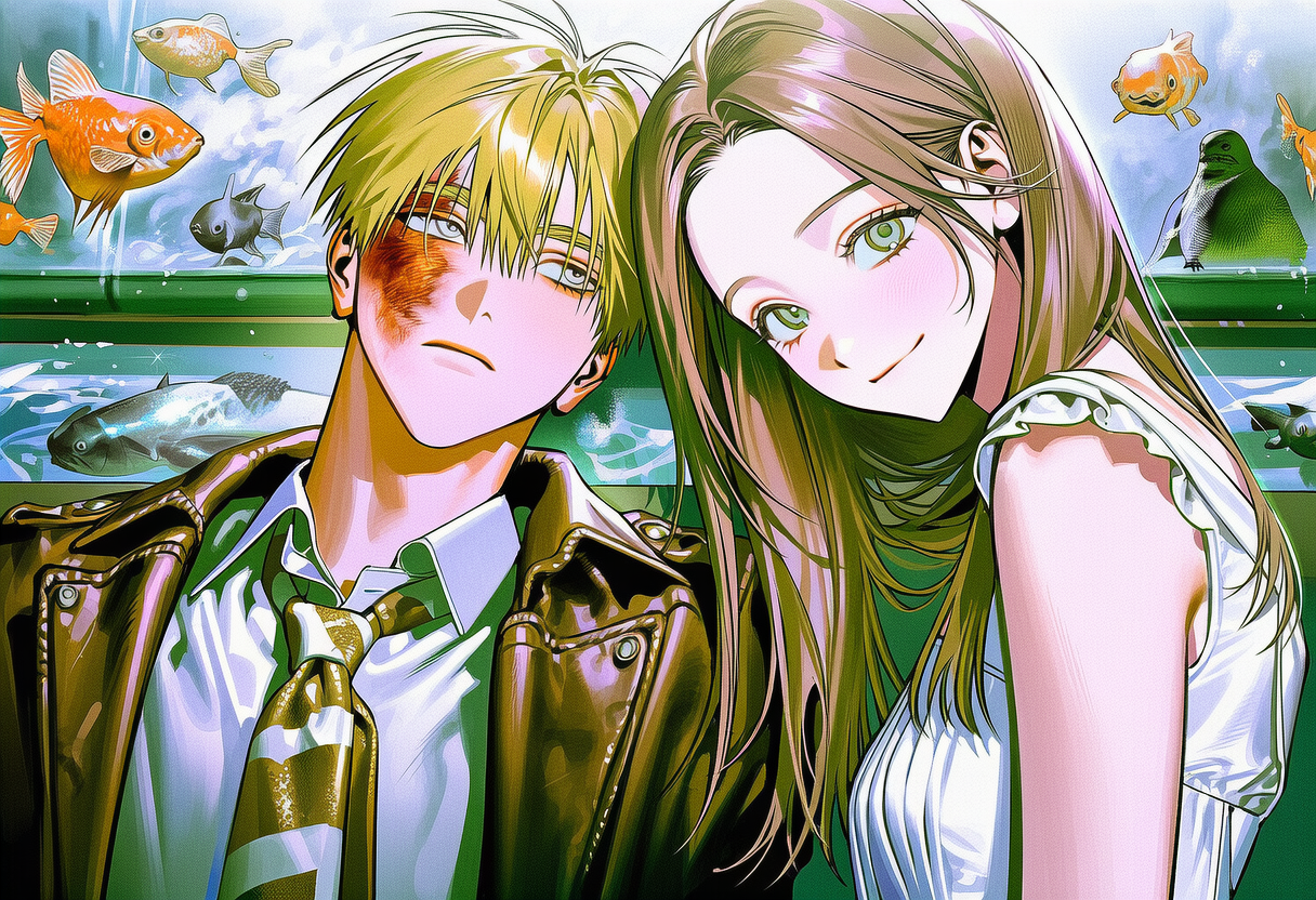 thick_1990s Hong Kong atmosphere, goldfish tank, looking at another, clean skin, s-4216535384.png